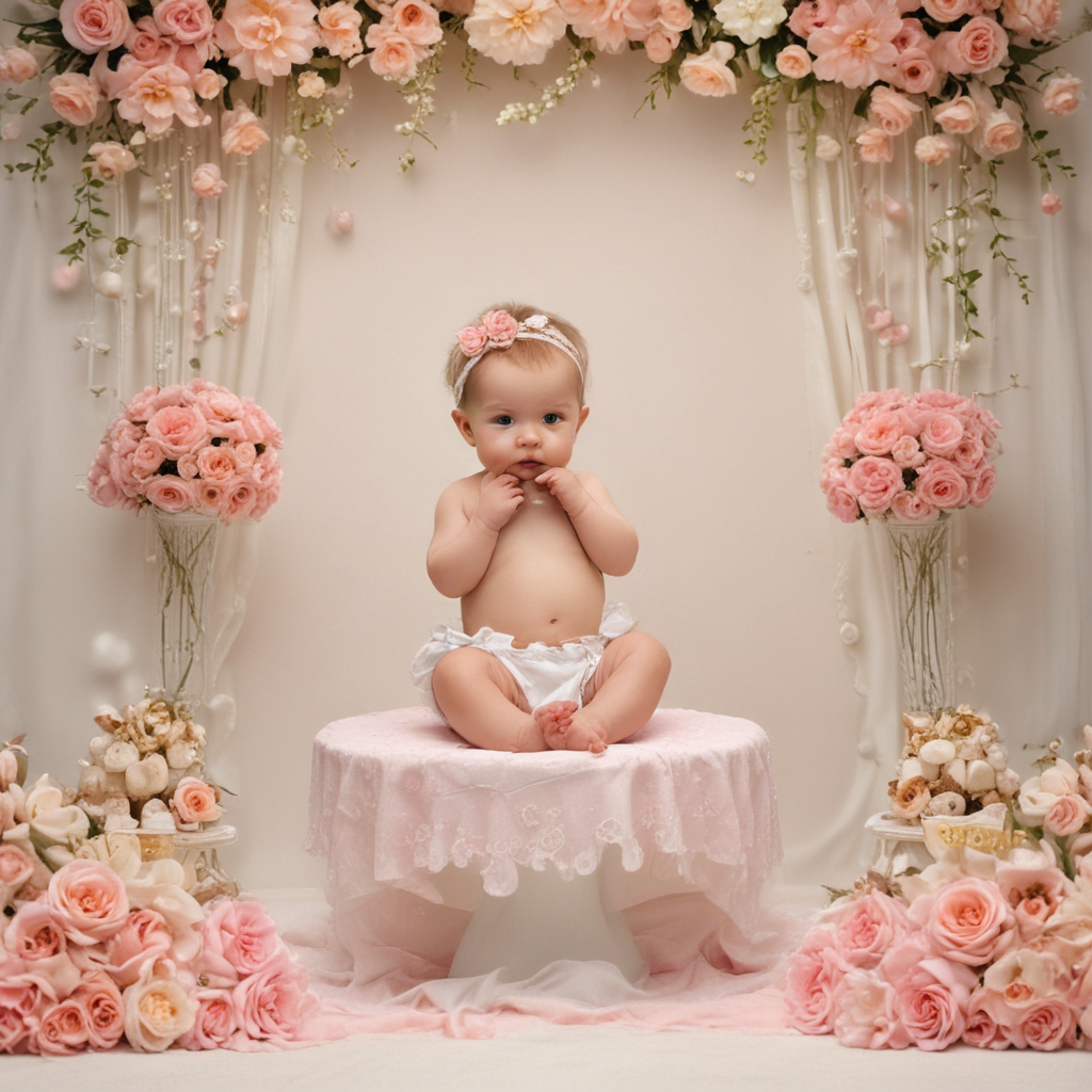 Adorable Baby Surrounded by Beautiful Pink Flowers in a Dreamy Setting