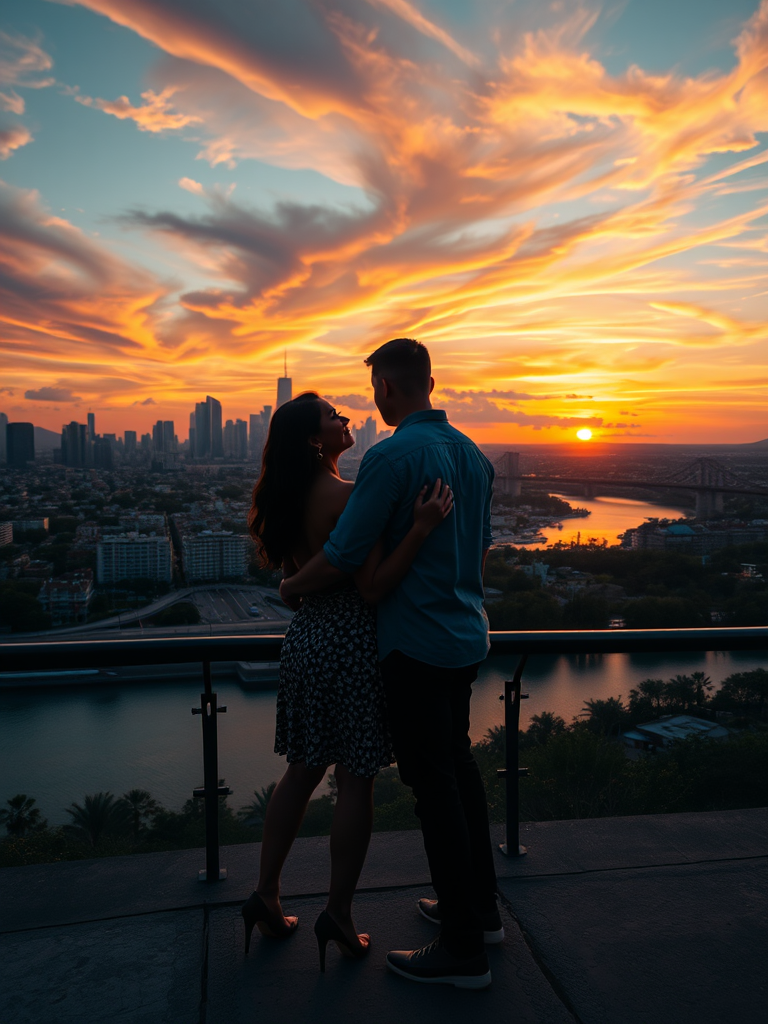Create a vibrant, impressionistic scene of a couple embracing with a sunset backdrop over a city skyline, featuring swirling clouds and a river, shot with a Canon EOS R5, 24mm lens, f/1.8 aperture, ISO 100, at dusk with a low angle view for dramatic effect.