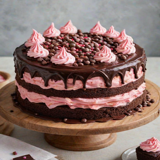 Generate an image of a cake with a layered structure. The top layer should be a smooth chocolate frosting, while the middle layer is a fluffy pink filling. The bottom layer is a rich dark chocolate cake, and the cake is presented on a wooden cake stand. Surround the cake with scattered peppermint candies for a festive touch.