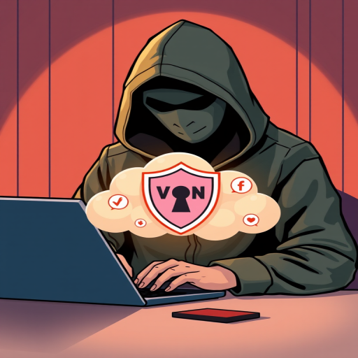 Create an illustration depicting a hooded figure using a laptop, with a secure VPN shield symbol separating the figure from a cloud with social media icons, shot from a top-down angle, using a 50mm lens at f/1.8 for a shallow depth of field, in a well-lit environment, rendered in vector style.