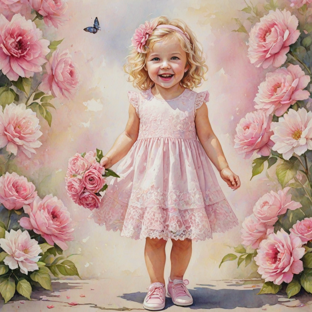hyperrealism happy smiling toddler girl with messy wavy blonde hair with a headband, she is wearing a pink and white lace dress with pink and white shoes, she is holding a pink bouquet of flowers. Pink flowers and butterflies. summer background. Watercolor Highly detailed