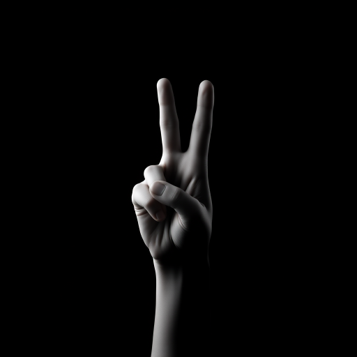 Create a high-contrast, minimalist graphic of a hand making a two-finger gesture, using a black background and white silhouette, shot with a Canon EOS R5, 50mm lens, f/2.8 aperture, ISO 100, in a studio setting with softbox lighting.