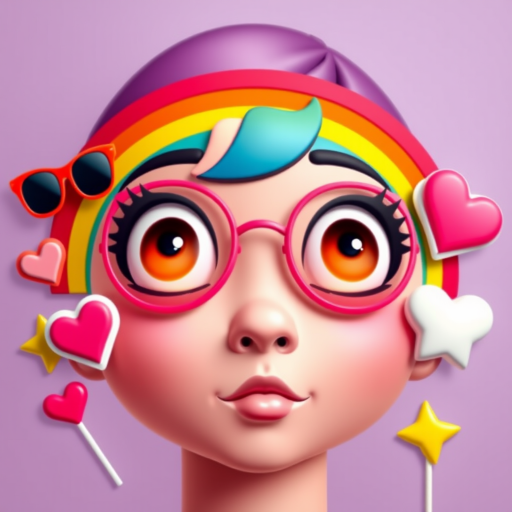 Create a vibrant, cartoon-style image featuring a face with large, expressive eyes surrounded by playful icons like a rainbow, a pair of sunglasses, hearts, star, and a lollipop, using a Canon EOS R camera, 50mm lens, f/1.8 aperture, ISO 100, soft natural lighting for enhanced colors and clarity.