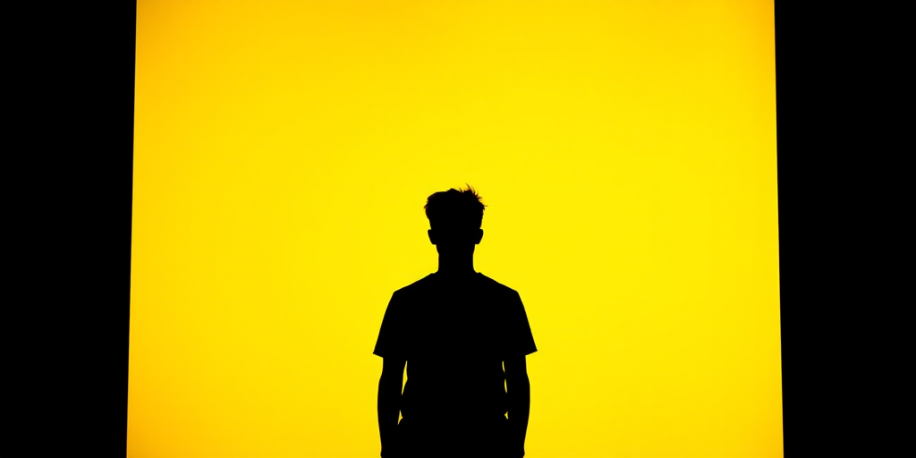 Generate a minimalist silhouette of a person against a vibrant yellow background, using a DSLR camera with a 50mm lens at f/1.8, ISO 100, 1/200s exposure, in a flat lay style for enhanced depth and contrast.