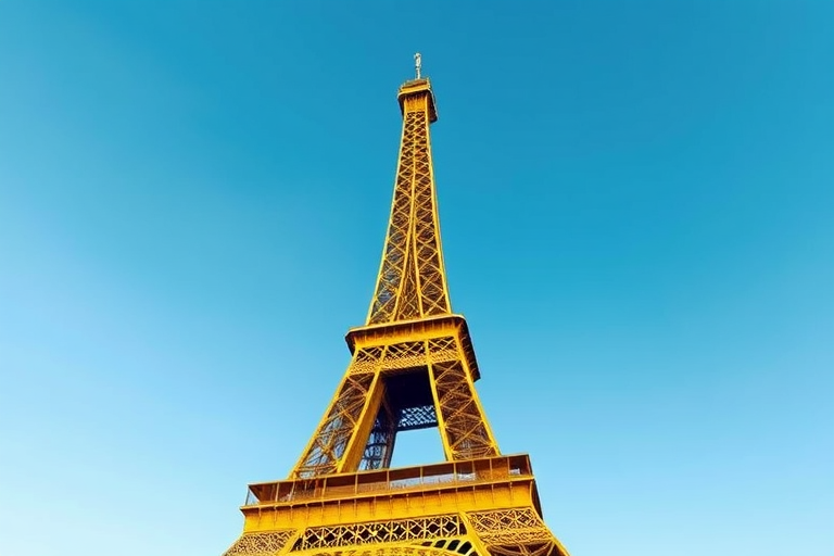 Create a high-resolution illustration of the Eiffel Tower in a golden color against a clear blue sky, using a DSLR camera with an aperture of f/8, ISO 100, and a focal length of 50mm, capturing the image from a low angle to emphasize its height and grandeur.