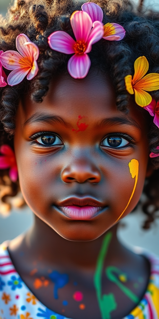 Create a vibrant portrait of a young Black girl with curly hair adorned with flowers and colorful paint splashes, captured in a close-up view with a DSLR camera, aperture f/2.8, ISO 100, shutter speed 1/200s, in natural light to enhance details and colors.