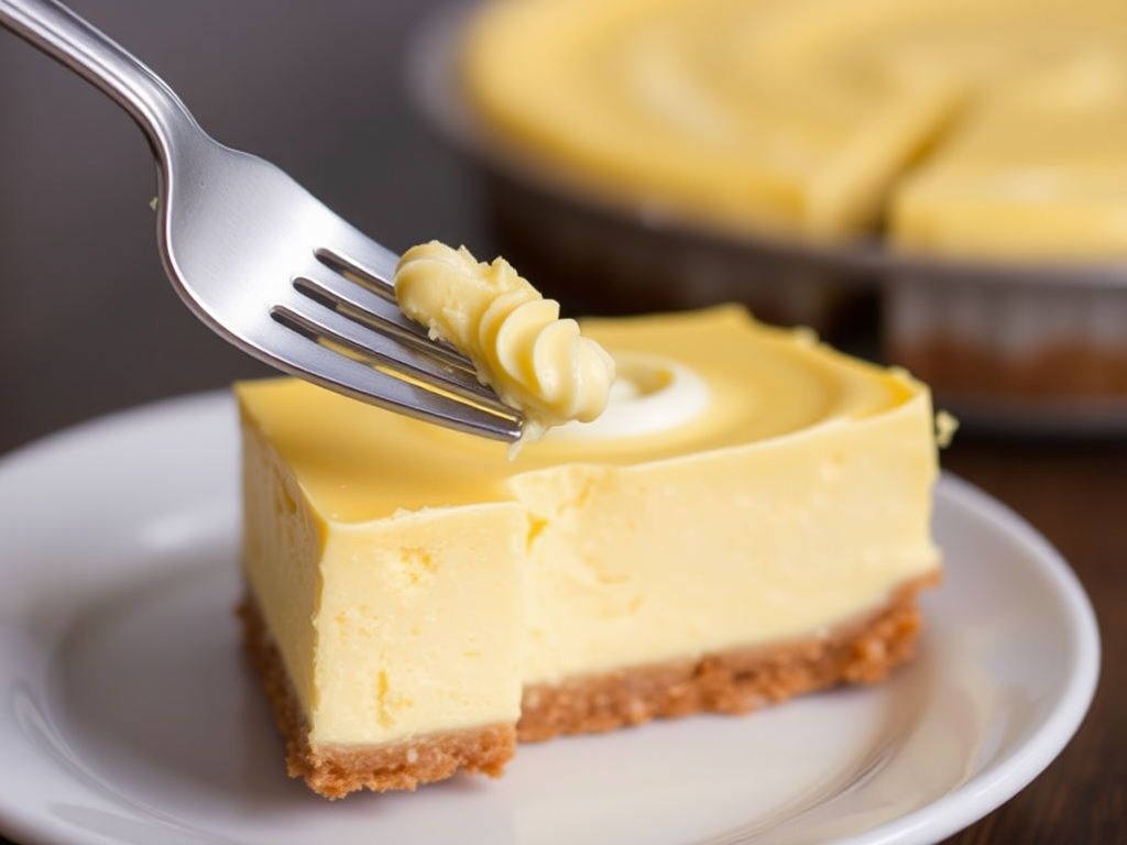 A close-up view of a delicious yellow dessert with a creamy swirled top on a graham cracker crust placed on a white plate, with one square piece on a fork ready to be served.