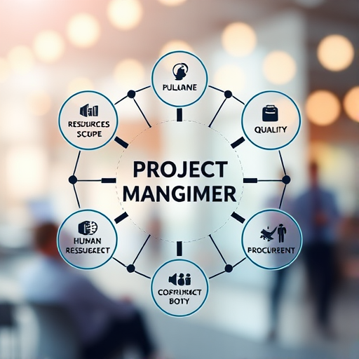 Create an image depicting a modern project management concept with interconnected elements representing human resources, scope, quality, time, cost, procurement, and communication, using a soft focus background with vibrant colors, shot with a DSLR camera at f/2.8, 50mm lens, ISO 100, and a shallow depth of field to enhance clarity and detail.