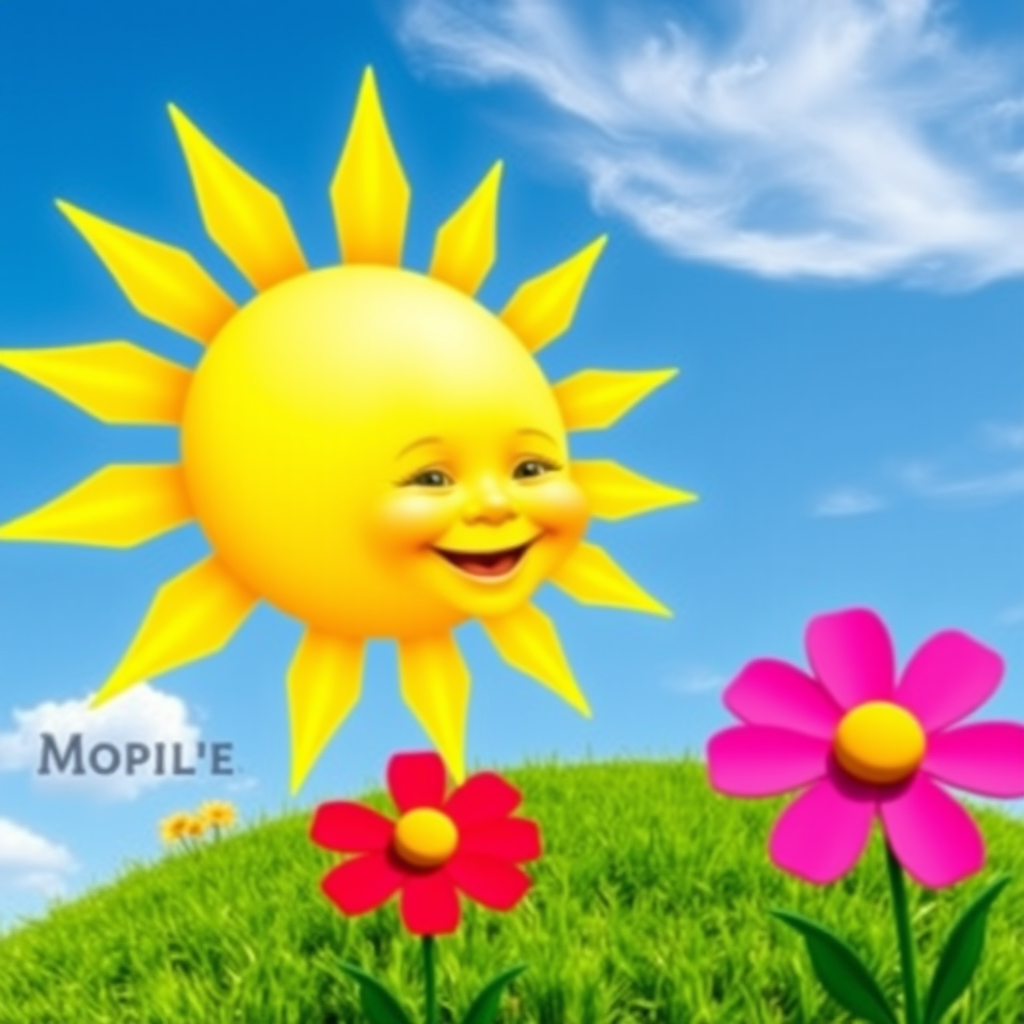 Create an image shows a bright, sun with a smiling baby's face in the center, radiating soft yellow rays. The sun is set against a clear blue sky with a few wispy clouds. Below, there's a lush green grassy hill with colorful, oversized flowers, giving the scene a whimsical, playful atmosphere.