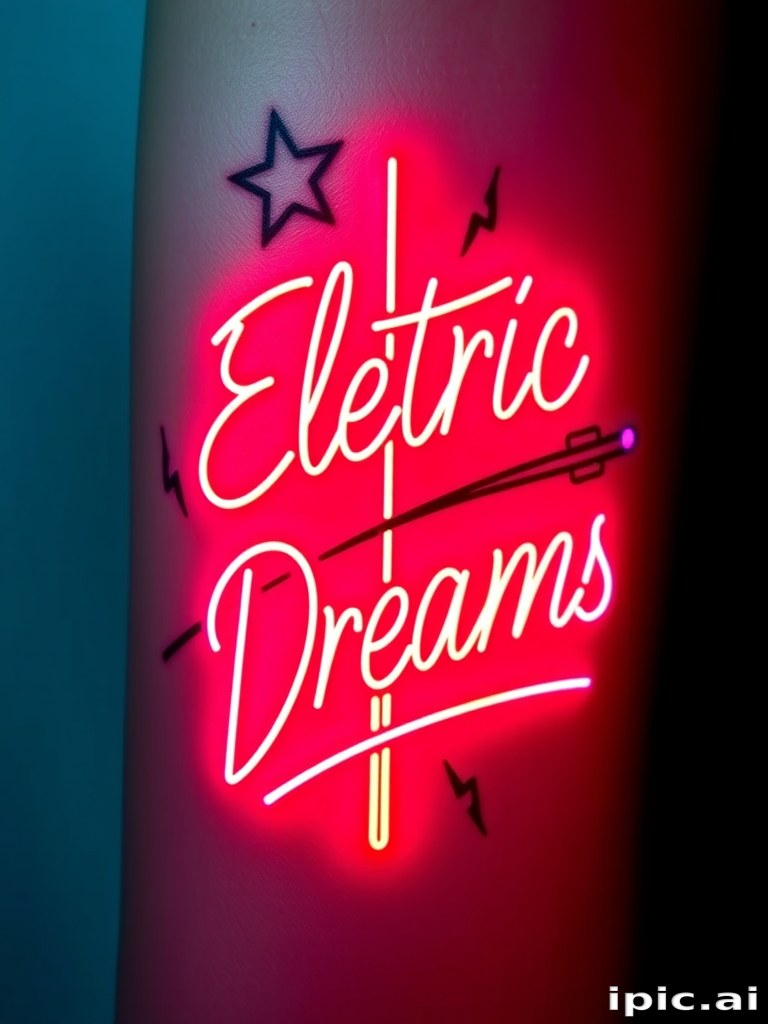 Neon sign inspired tattoo, "Electric Dreams," designed to mimic the look of glowing neon tubes with vibrant colors and a soft, illuminated effect, perfect for text-based designs or simple illustrations with a retro-futuristic vibe