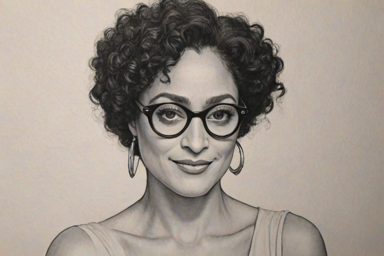 Wonderful Tracee Ellis Ross, pencil sketch, portrait of Wonderful woman 1926s in glasses, hair style beatnik, outline, clear lines, fine lines, 8k