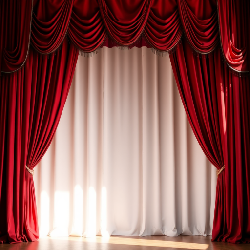 Create a high-resolution image of a luxurious red theater curtain with intricate drapery and a white backdrop for a stage, taken with a Canon EOS R5 camera, 50mm lens, f/1.8 aperture, ISO 100, and natural lighting to enhance the texture and richness of the fabric.