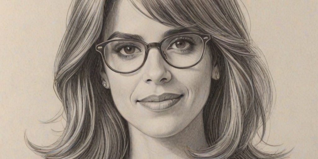 Delightful Natalie Morales, pencil sketch, portrait of Elegant woman 1974s in glasses, hair style beatnik, outline, clear lines, fine lines, 8k