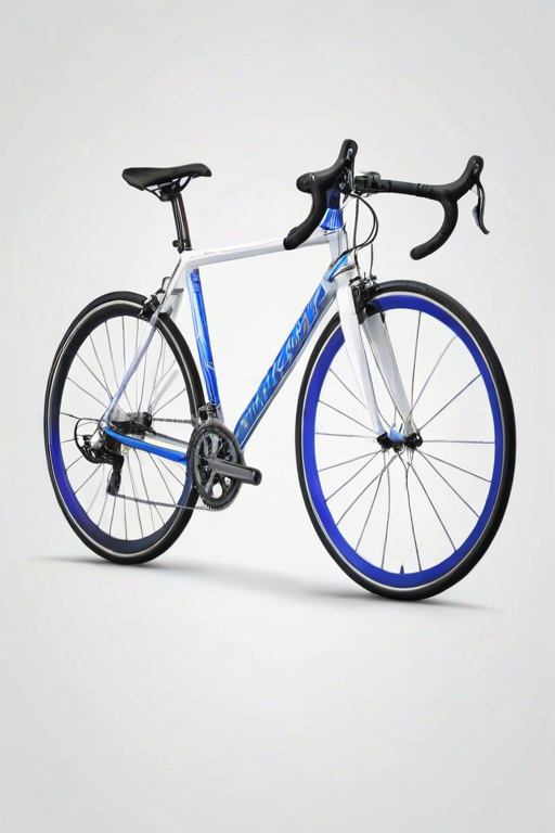 create a detailed illustration of a lightweight road bicycle with a blue and white frame, thin tires, drop handlebars, and an integrated gear system, set against a plain white background