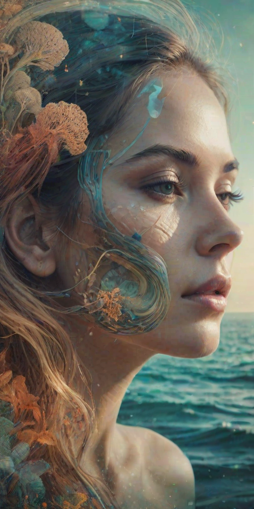 imagine Book cover, A surreal double exposure portrait that blends a woman's face with a beautiful seascape. The overall mood is dreamy and mystical, with rich colors and intricate details