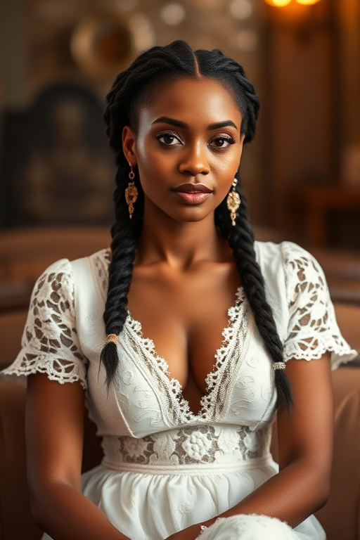 Create a portrait of a refined and elegant Cape Verdean woman seated in a sophisticated setting. She has long, wavy hair styled in two thick braids that are pulled over her shoulders. She wears a white, lace gown with intricate patterns, featuring a deep V-neckline and short sleeves. The dress exudes a vintage charm with its delicate lacework. She is adorned with ornate, dangling earrings that add a touch of glamour to her appearance. The background is softly lit, with warm, ambient lighting that creates a cozy and inviting atmosphere. Her expression is poised and serene, capturing a sense of grace and elegance.