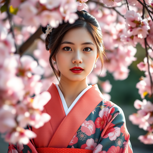 portrait of a young woman in traditional Japanese kimono surrounded by cherry blossoms, soft focus, f/1.8 aperture, 50mm lens, natural light, shallow depth of field, DSLR camera, vibrant colors, detailed textures