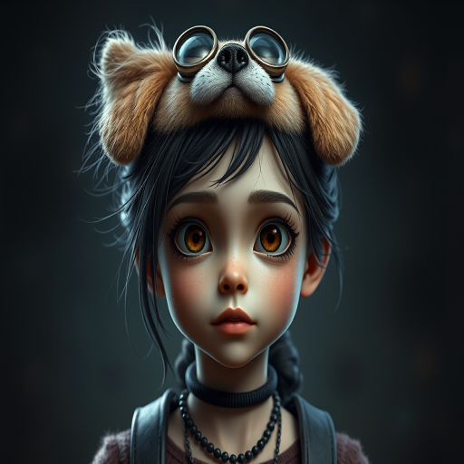 Stunning image of a cute adorable [CHARACTER] with a wacky [PET] on her head, moody, grainy, noisy, concept art, by Alberto Seveso, Meaningful Visual Art, Detailed Painting, Digital Illustration, Unreal Engine 5, 32k maximalist, hyper-detailed fantasy art, 3d digital art, sharp focus, masterpiece, fine art