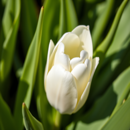 Close-up of a white tulip surrounded by green leaves, natural light, shallow depth of field, aperture f/2.8, ISO 100, 50mm lens, macro photography style, DSLR camera.