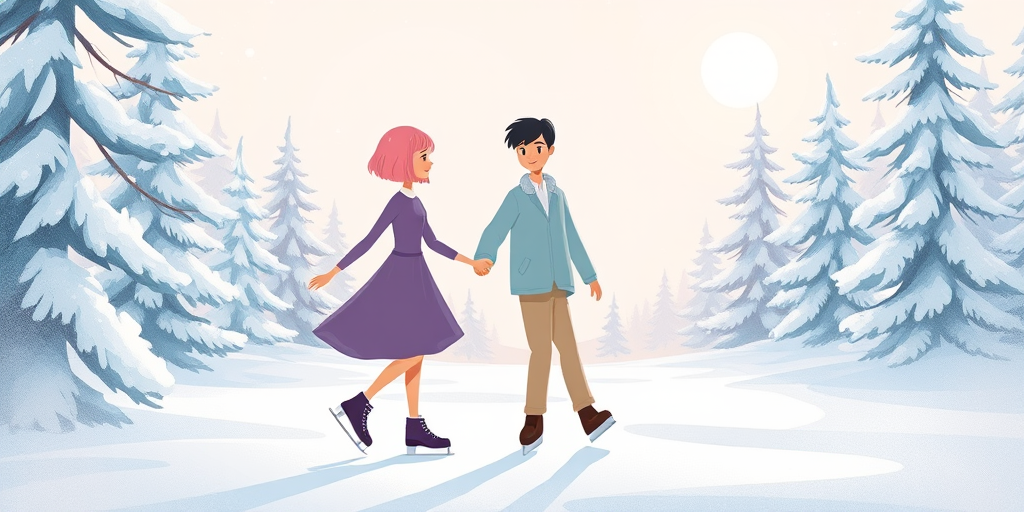 Generate an illustration of a couple ice skating in a snowy landscape, the girl in a purple dress and pink bob haircut, the boy in a light blue jacket and beige pants, surrounded by frosty pine trees and a pale sun in the sky, rendered in a soft pastel color palette, using a digital art style with a high-resolution format, applying a soft focus lens effect for a dreamy atmosphere.
