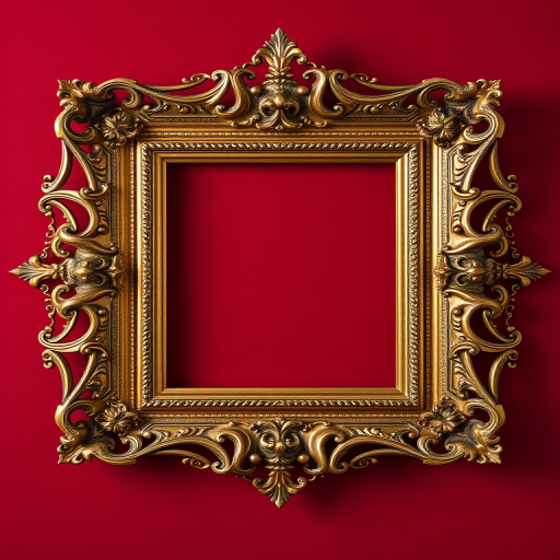 create a highly detailed vintage gold ornate picture frame set against a rich red background, captured with a Canon EOS R5, 50mm f/1.2 lens, aperture f/2.8, ISO 100, using natural soft lighting for enhanced texture and color saturation