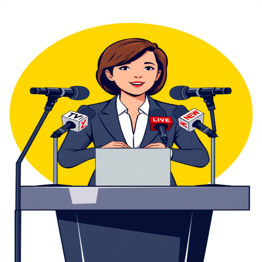 Create an illustration of a news presenter at a podium with microphones labeled TV, Live, and News, set against a bright yellow circular background, using a DSLR camera at f/2.8 aperture, 50mm lens, and a soft focus style for a clean, modern look.