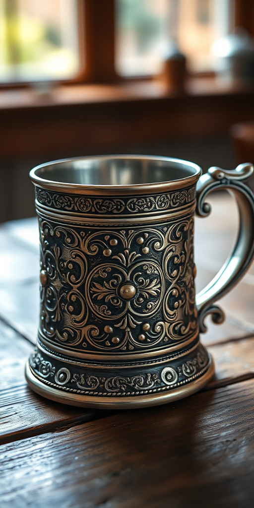 create a high-resolution image of an ornate silver mug with intricate designs, captured in natural lighting, using a 50mm lens, f/1.8 aperture, ISO 100, with a shallow depth of field, positioned on a rustic wooden table for a warm aesthetic.