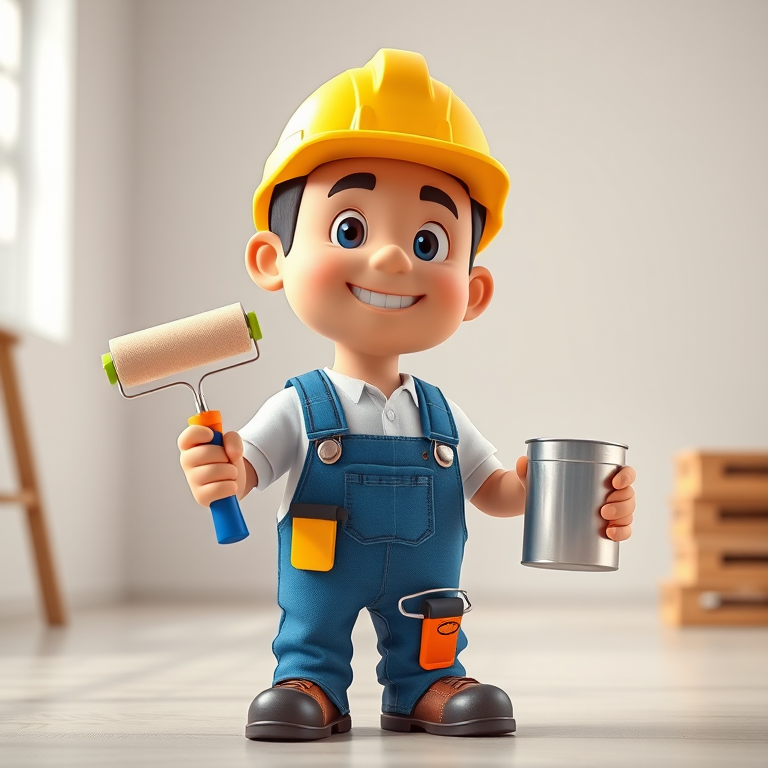 Create a 3D rendering of a cartoon construction worker holding a paint roller and a paint can, wearing a yellow hard hat, blue overalls, and a white shirt, in a well-lit studio environment, with a Canon EOS R5 camera, 50mm f/1.8 lens, ISO 100, f/2.8 aperture, and a slight depth of field to enhance focus on the character.