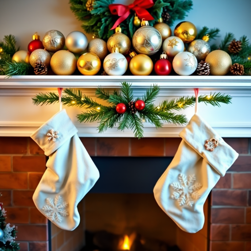 Generate a cozy holiday scene featuring a fireplace adorned with festive stockings. The stockings should be white with decorative patterns like snowflakes. Above the stockings, display a collection of beautifully designed Christmas ornaments in various colors and textures, including some with gold accents. Add some greenery and pinecones to enhance the festive atmosphere.