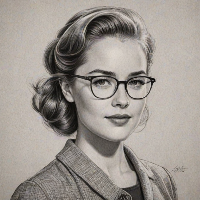 Gorgeous Willa Fitzgerald, pencil sketch, portrait of Splendid woman 1959s in glasses, hair style beatnik, outline, clear lines, fine lines, 8k