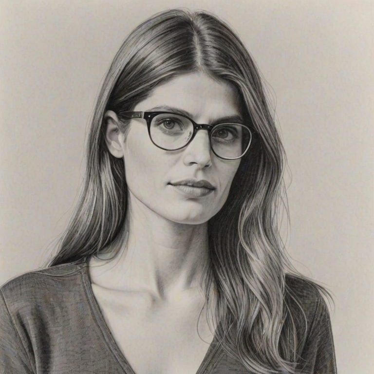 Pleasing Lake Bell, pencil sketch, portrait of Bewitching woman 1975s in glasses, hair style beatnik, outline, clear lines, fine lines, 8k