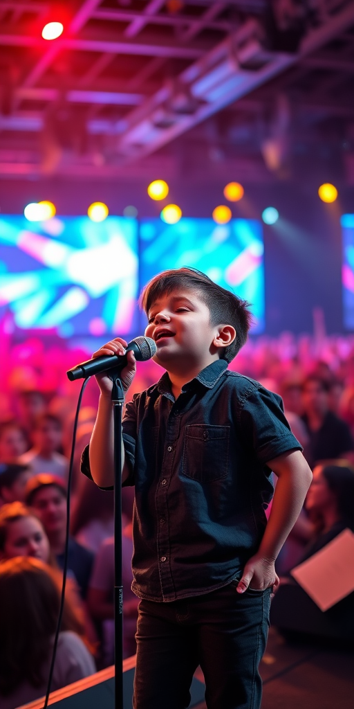 A young boy singing passionately on stage with a microphone, surrounded by a vibrant crowd and colorful lights, in high resolution, ISO 200, f/2.8, shutter speed 1/250s, shot from a low angle with a shallow depth of field, using a digital SLR camera.