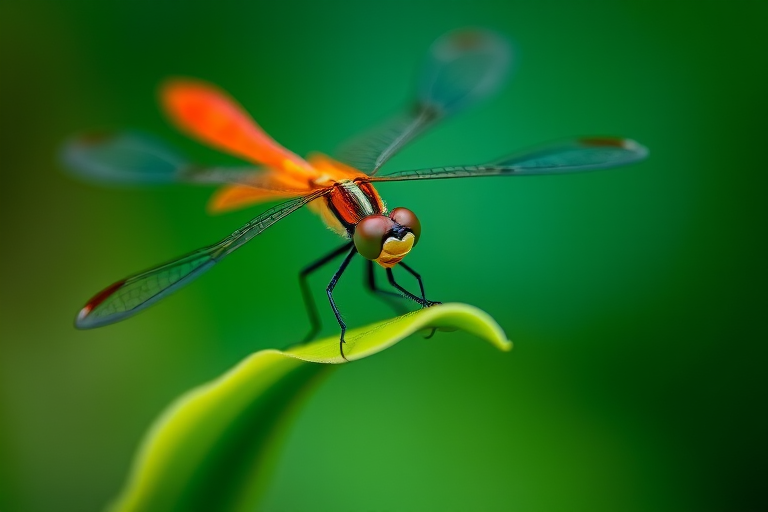 macro shot of a dragonfly perched on a green leaf with vibrant colors and intricate wing details, f/2.8 aperture, 1/500 shutter speed, ISO 200, taken with a DSLR camera at eye level for a sharp focus and blurred background effect.