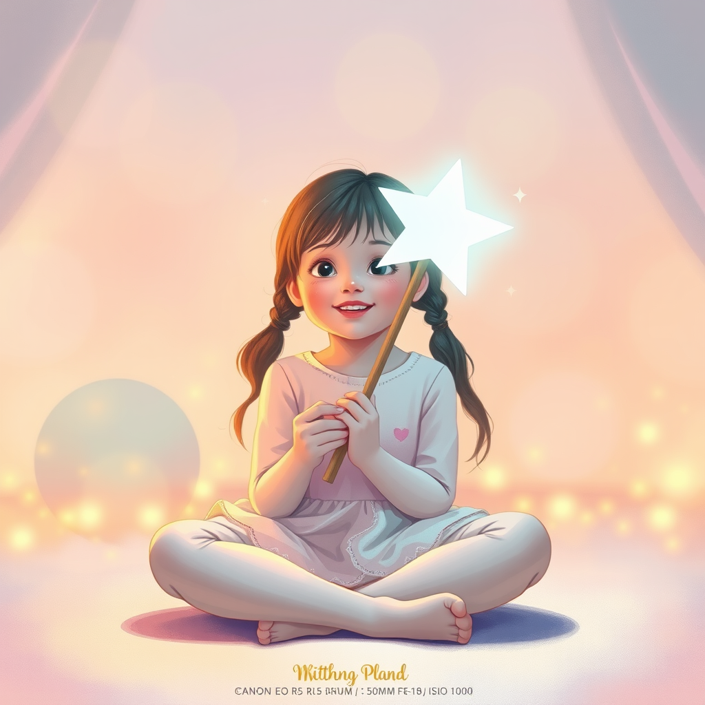 A young girl sitting cross-legged, holding a glowing star wand in a whimsical setting with pastel colors and sparkling stars around her, shot with a Canon EOS R5, 50mm lens, f/1.8, ISO 100, soft focus background, warm light, artistic illustration style.