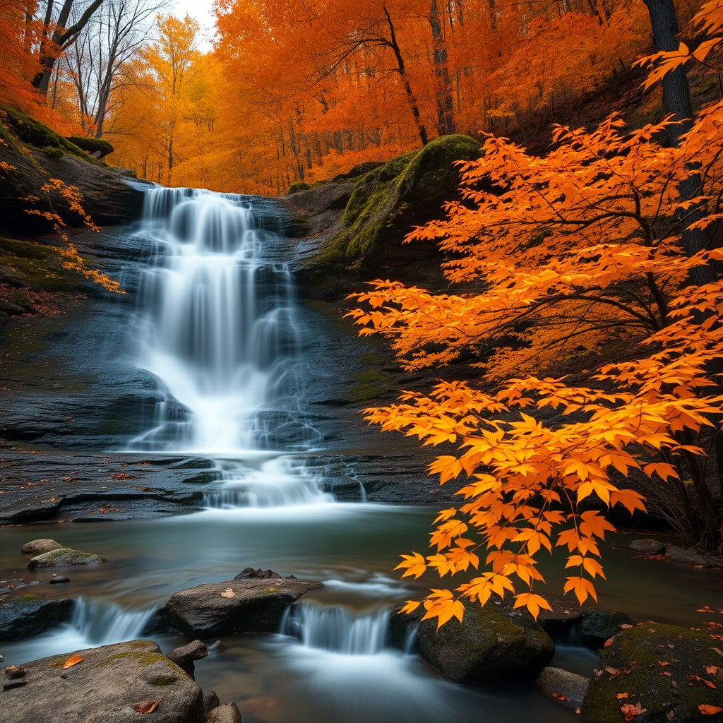 Capture a serene waterfall in an autumn forest with vibrant orange and yellow foliage, using a Canon EOS 5D Mark IV, 24-70mm lens at f/8, 1 second exposure, ISO 100, with a slightly elevated angle for a dynamic view that emphasizes the cascading water.