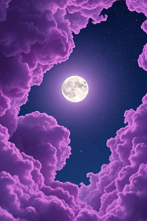 create a vibrant digital illustration of swirling clouds in shades of purple and lavender framing a bright full moon against a starry night sky with an ethereal glow, captured with a Canon EOS R5 at f/8, ISO 100, with a 24mm lens, in a high dynamic range style for enhanced clarity and depth.