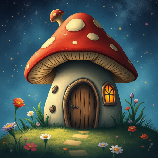 this photo is illustration of a mushroom house with a door and a window, a storybook , fantasy art, mushroom house, bg starry sky, sparkles