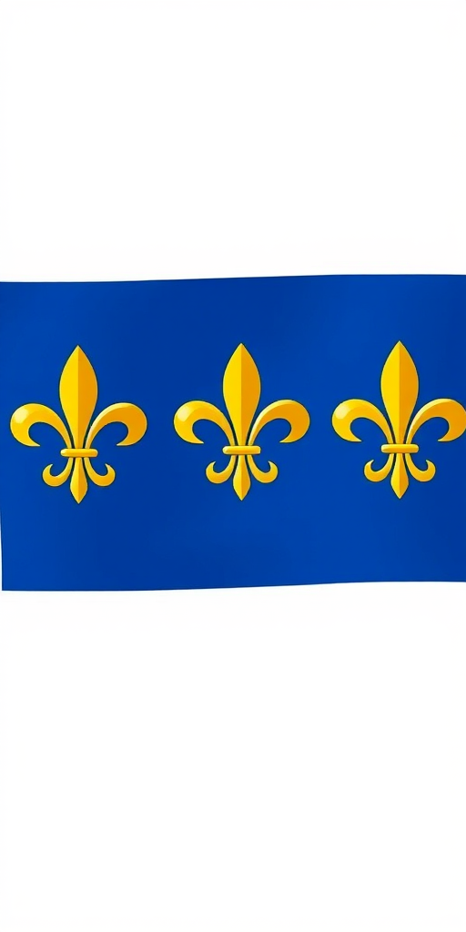 Create a detailed digital illustration of a flag featuring three golden fleurs-de-lis on a blue background with a white stylized horizontal bar at the top, shot with a DSLR camera, 50mm lens, f/2.8 aperture, 1/250 sec shutter speed, in natural light to enhance colors and clarity.