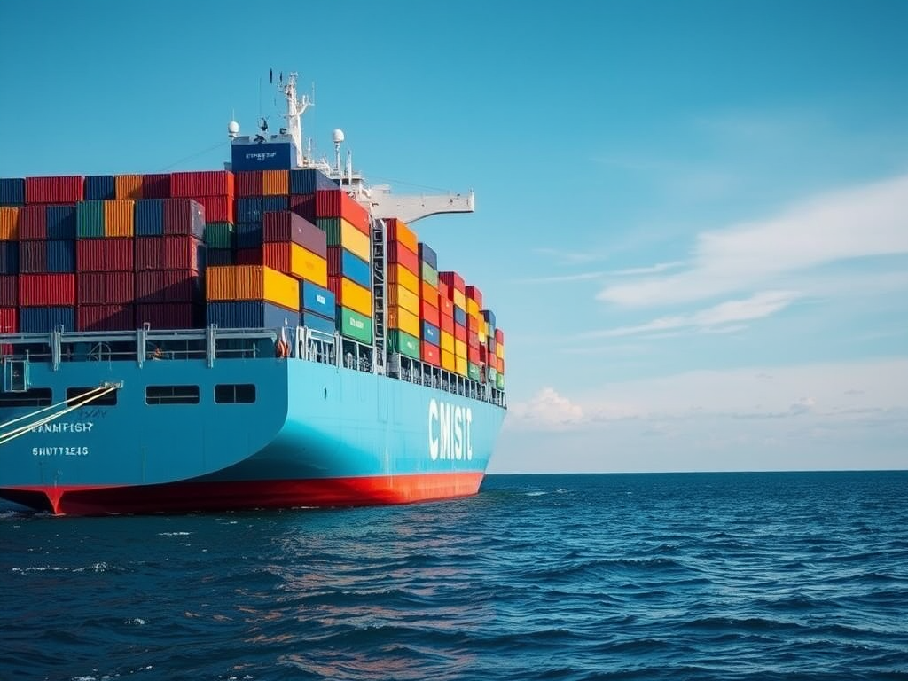 Create a vibrant image of a cargo ship loaded with colorful containers, captured in bright daylight with a clear blue sky, using a DSLR camera with a 24mm lens, f/8 aperture, ISO 100, and a shutter speed of 1/500s, ensuring a sharp focus on the ship and a slightly blurred background to emphasize the vessel.