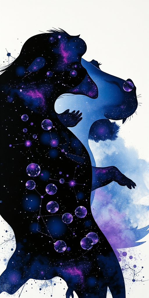 Captivating conceptual render alcohol ink art, double exposure, the paint strokes artfully merge combining a woman's full silhouette with a Lounging hippo's silhouette. The figures are composed of a series of colored dots, lines & spots that evoke the image of a cosmic galaxy, colors are deep shades of blue purple & black with flashes of white & silver representing distant stars. The woman's silhouette is formed within the lion's silhouette from constellations of scattered stars, surreal