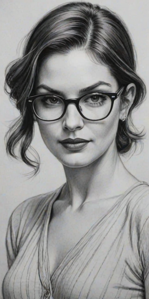 Attractive Sandy Bullock, pencil sketch, portrait of Splendid woman 1928s in glasses, hair style beatnik, outline, clear lines, fine lines, 8k