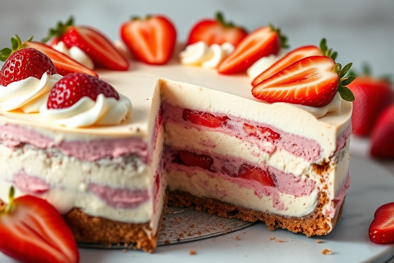 Create an image of a delicious multi-layered cheesecake with a creamy white and pink filling topped with fresh strawberries and whipped cream. The cake has a crumbly crust and is garnished with crushed cookies. Showcase a slice of the cake partially removed to reveal the layers inside, and include a soft-focus background with additional strawberry slices.