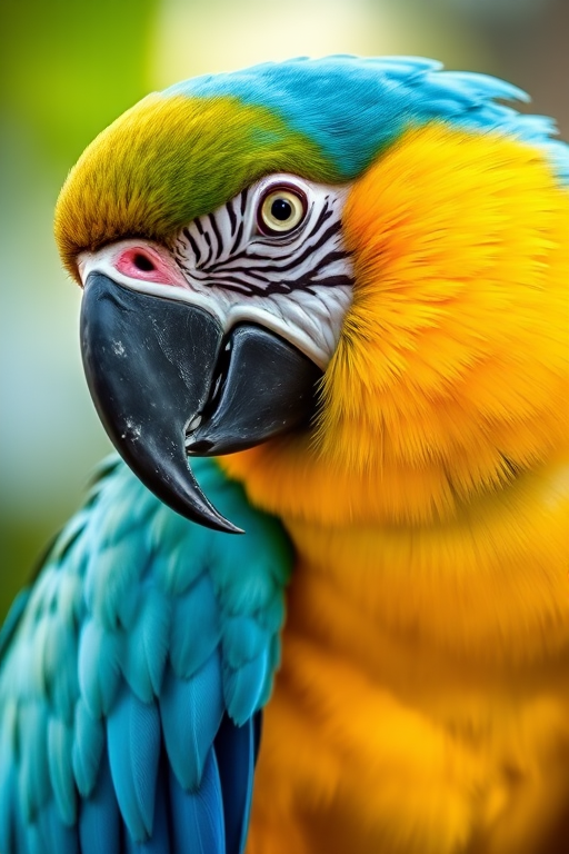 Capture a vibrant close-up of a blue and yellow macaw, using a Canon EOS R5 with a 50mm lens, aperture f/2.8, ISO 100, 1/250s shutter speed, natural light, focusing on the textures of the feathers with a blurred background for enhanced depth of field.