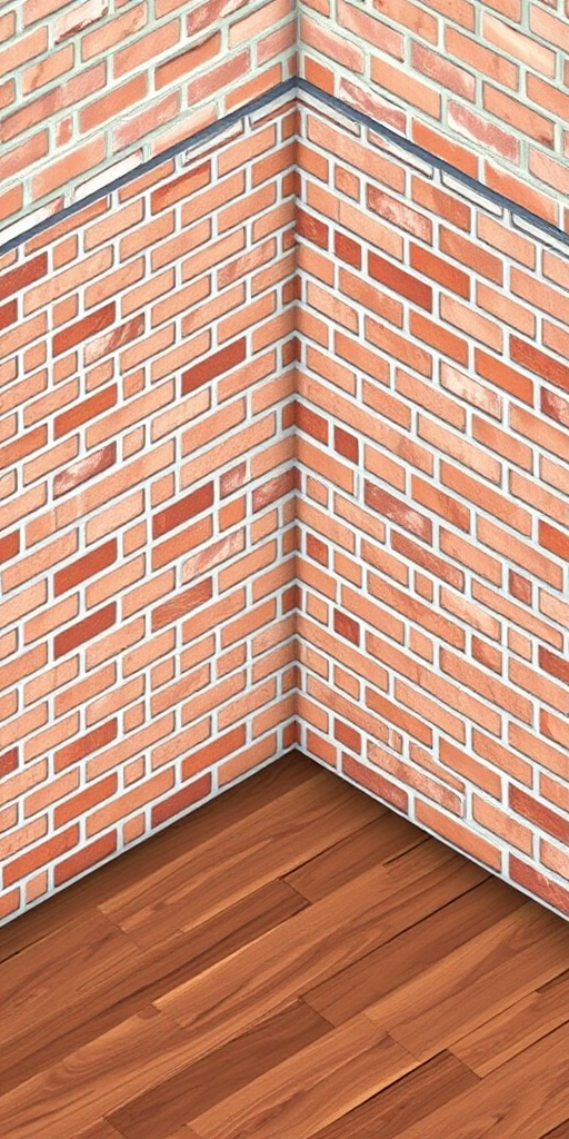 Generate a high-quality 3D isometric view of a brick wall corner with a chimney, featuring detailed textures on the bricks and floor, using a DSLR camera with a 50mm lens, aperture f/8, ISO 200, and a focus on sharpness and clarity.