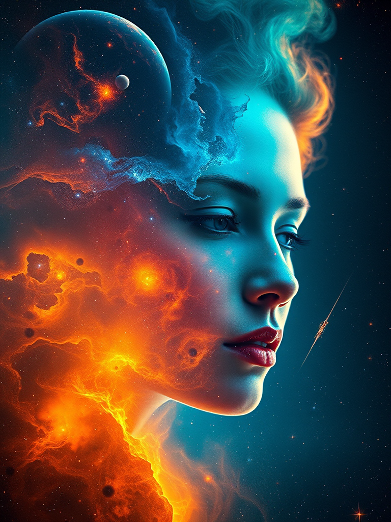 Generate a cosmic scene depicting a woman's face formed by vibrant nebulae and galaxies, featuring a rich color palette of orange, blue, and green, with a cinematic view using a Canon EOS R5 at f/1.8, ISO 100, 24mm lens, capturing intricate details and textures in high resolution.