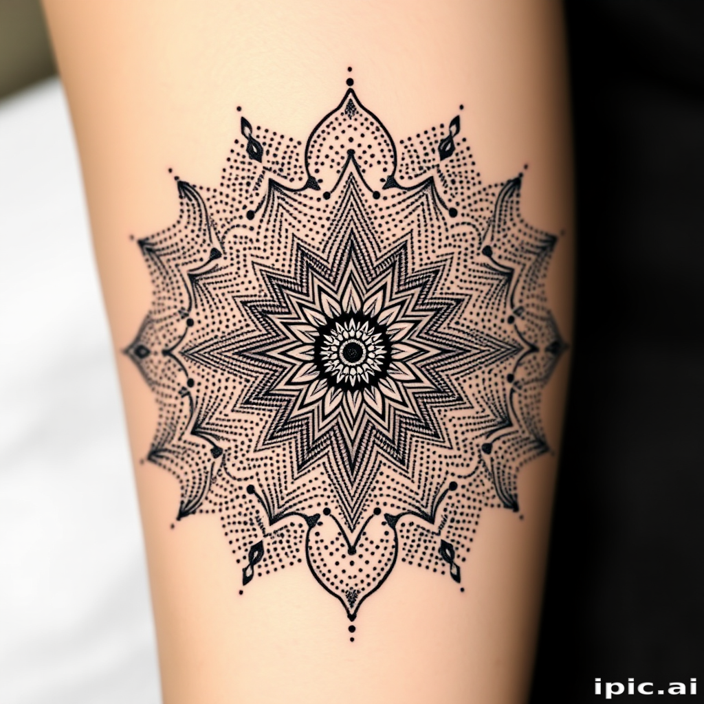 Dotwork mandala tattoo entitled "Cosmic Harmony" featuring an intricate geometric pattern composed entirely of tiny dots, gradually increasing in density to create mesmerizing gradients and intricate details, symbolizing the interconnectedness of the universe and the beauty of sacred geometry, perfect for those seeking a meditative and spiritually meaningful tattoo.