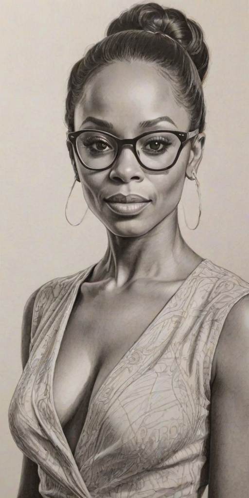 Ravishing Anika Noni Rose, pencil sketch, portrait of Dazzling woman 1971s in glasses, hair style beatnik, outline, clear lines, fine lines, 8k