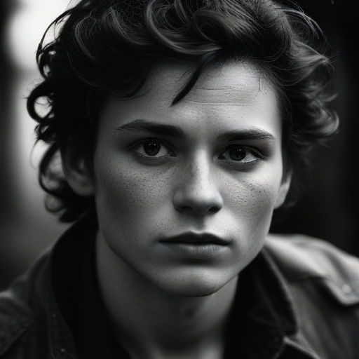 Striking Black and White Portrait of a Young Person with Freckles