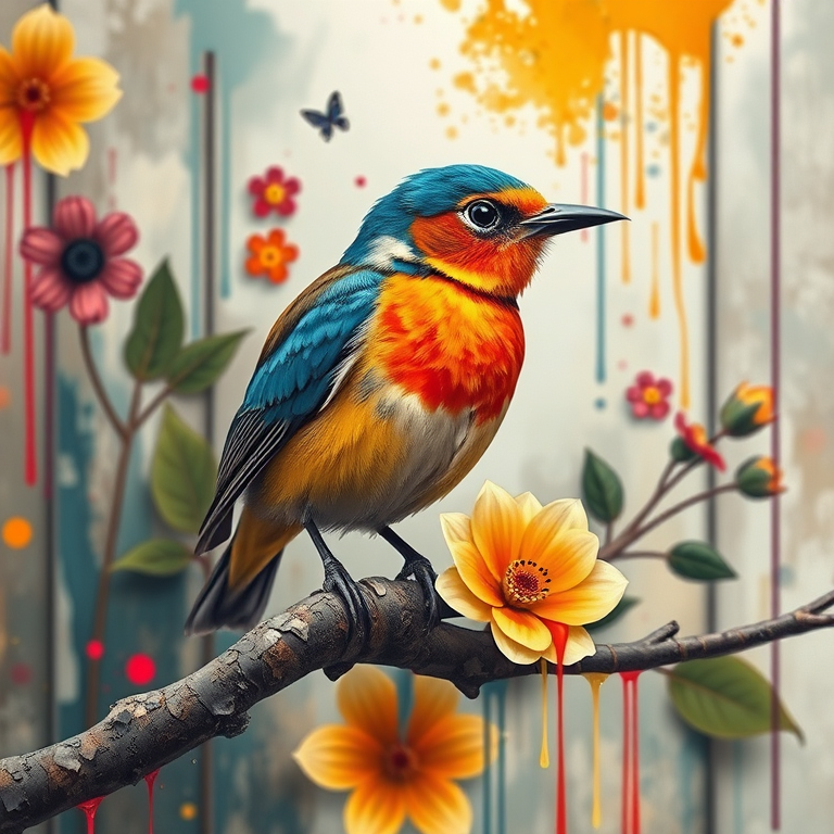 Create a vibrant and colorful depiction of a stylized bird perched on a textured branch, surrounded by abstract floral elements and dripping paint effects, using a Canon EOS R5 with a 50mm lens, aperture f/1.8, ISO 100, and a shallow depth of field to enhance image quality.