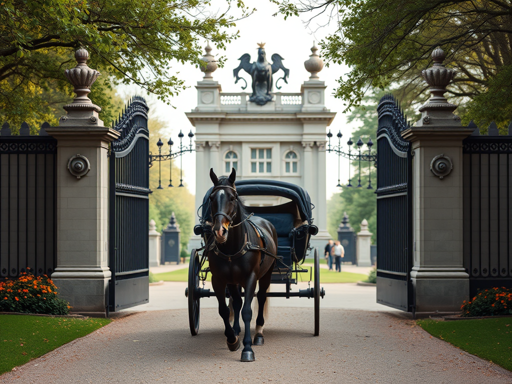 Regenerate the image of a horse-drawn carriage approaching a grand gate, using a DSLR camera with a 50mm lens, aperture set to f/2.8 for a shallow depth of field, ISO 100 for clear quality, and a soft natural light to enhance colors and details.